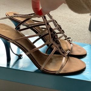 Bejeweled bronze metallic strappy heeled sandals